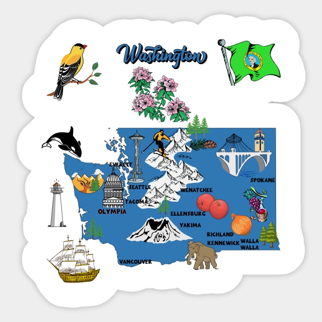 tourism map of Washington state, USA, major cities, flag, landmarks Sticker by Mashmosh
